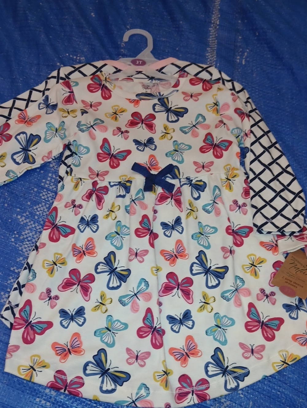 Girls' White Butterfly Print Long-Sleeve Dress with Navy Bow & Blk/White w/Bow
